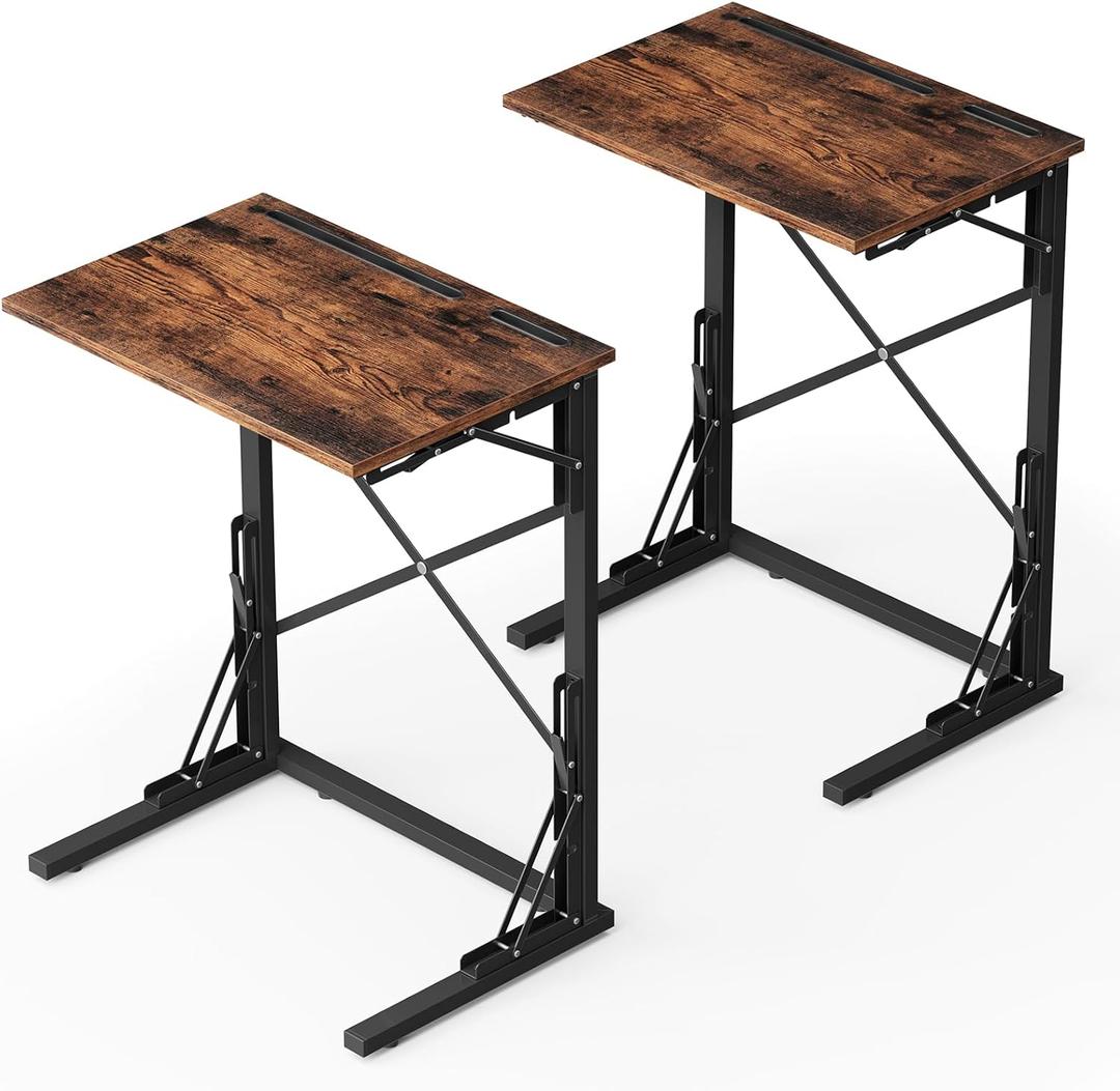 21''Wx28''H TV Tray Set of 2, Small Foldable C-Shaped End Table for Eating with Tablet and Phone Slots, Slide Under Couch Side Table for Recliner, Living Room, Bedroom, Rustic Brown