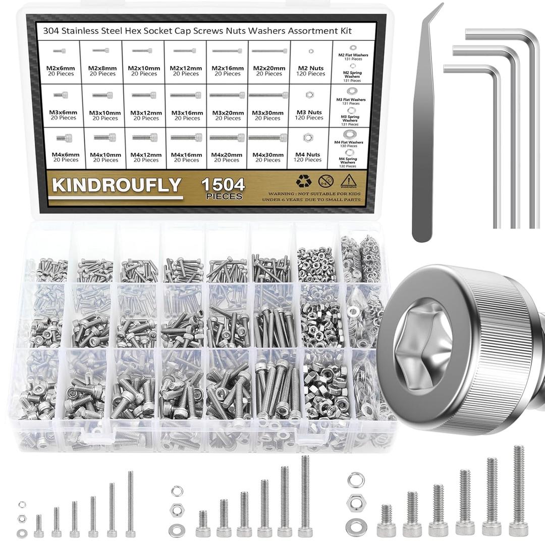 1504 Pieces Socket Head Cap Screws Nuts Washers Kit, Kindroufly M2 M3 M4 Screw Assortment Kit, Metric Screw Set, Bolts and Nuts, Machine Screws, 304 Stainless Steel, Fully Machine Thread, Silver
