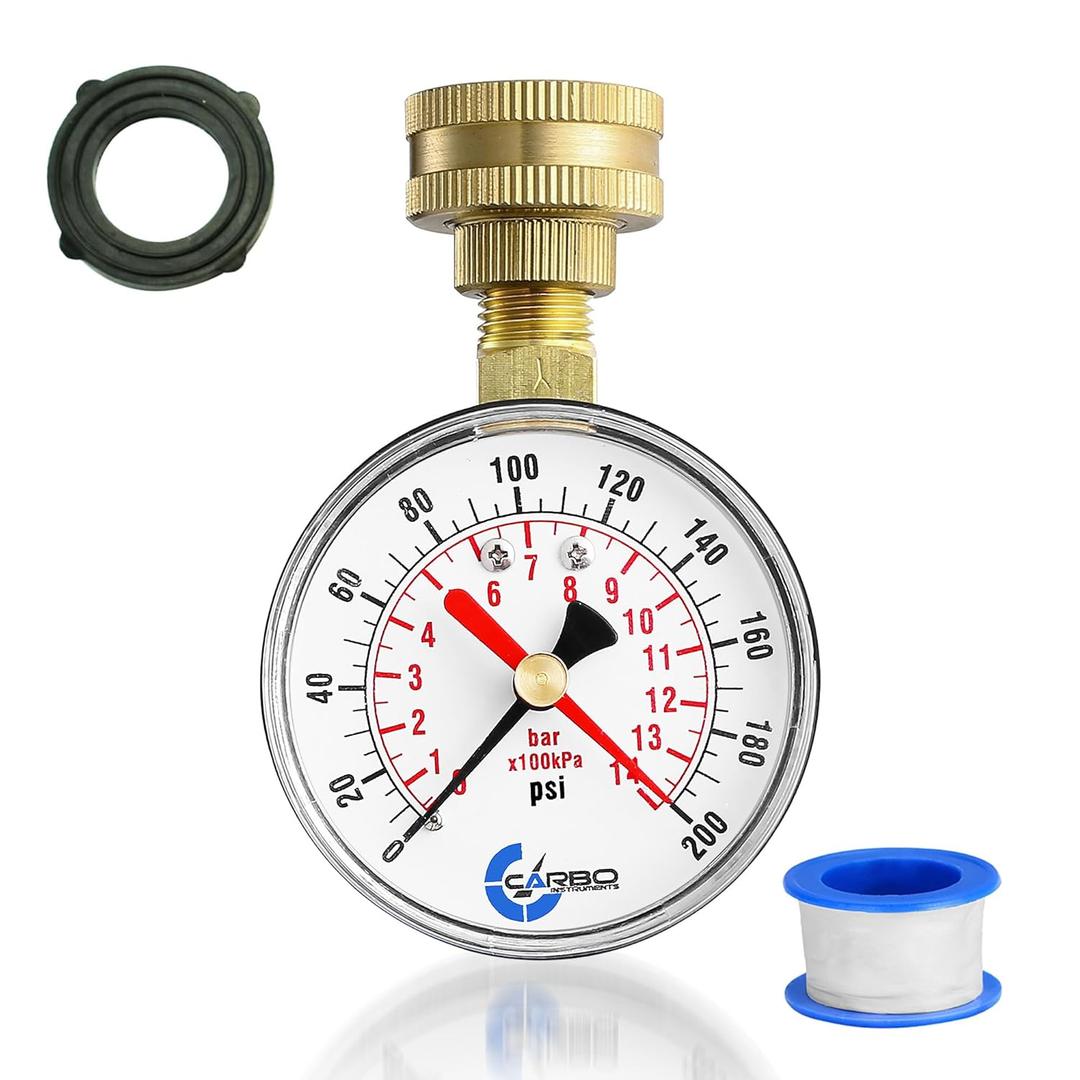 2-1/2" Water Pressure Test Gauge, 0-200 PSI, Red Max Pointer, 3/4" Female Hose Thread, Rust-Free Corrosion-Resistant Case, Brass Connector, for Home, Garden, RV, Indoor/Outdoor