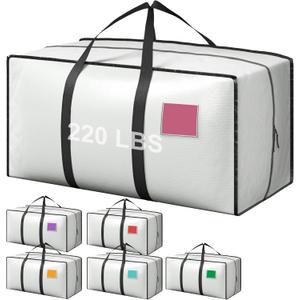 6 Pack Moving Bags Heavy Duty 210GSM with Full-Open Side Zipper, 93L 65lbs Waterproof Foldable Storage Totes for College Dorm Move-In, Moving Boxes Alternative & Home Organization,White