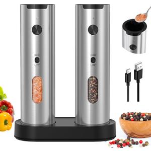 CIRCLE JOY Rechargeable Electric Salt and Pepper Grinder Set, 2-speed Stainless Steel Automatic Pepper Mill Grinder w/Charging Base, Adjustable Coarseness, LED Light, 110ml Large Capacity Top Fill