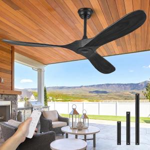 Obabala Black Ceiling Fan No Light, 52" Outdoor Fans for Patios/Porch/Bedroom/Kitchen with Remote, Noiseless, 3 Downrods, 6 Speed, Reversible DC Motor, Modern, 3 Blades, Timer