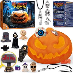PIBEX Spooky Pumpkin Dig Kit Excavation Science Kit with 14 Hidden Treasures (4 Metal Charms + 10 Creepy Minis) DIY Necklace Craft & Archaeology Adventure Toy for Kids Ages 6+