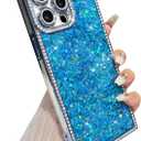 Yeddabox for iPhone 14 Pro Max Case Glitter, Luxury Sequin and Diamond Bumper Cover with Reinforce Corner, Soft Shockproof Protective Electroplated Case for iPhone 14 Pro Max for Women Girls, Blue