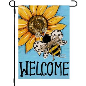 3 x CROWNED BEAUTY Spring Summer Sunflower Bee Garden Flag Double Sided 12x18 Inches Small Burlap Seasonal Welcome Yard Decoration for Outside Porch (Blue) CF1795-12