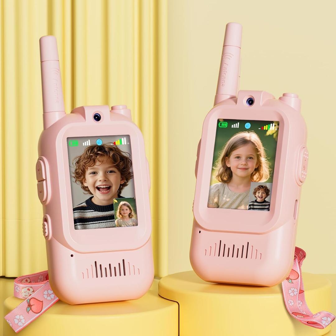 Walkie Talkie for Kids with Video: 2 Pack Rechargeable Toddler Toys with HD Camera & Voice Changer, Long Range Gift Toys for Boy & Girl Age 3-8 for Outdoor Play, Camping (Pink-Pink)