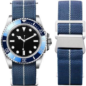 BINLUN Elastic Nylon Watch Band 18mm 20mm 22mm Marine Nationale Fabric Military Parachute Replacement Watch Strap Men Women Silver & Black Buckle - Upgraded Hook-and-Loop Buckle (Blue-white)