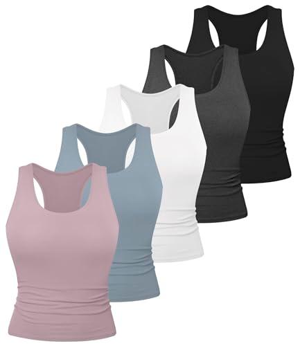 Dalavch 5 Pack Women's Workout Racerback Tank Tops Spandex Yoga Athletic Running Gym Sports Crop Tops for Women No Built-in Bra 1 Black 1 White 1 Heather Grey 1 Pink 1 Blue, Large