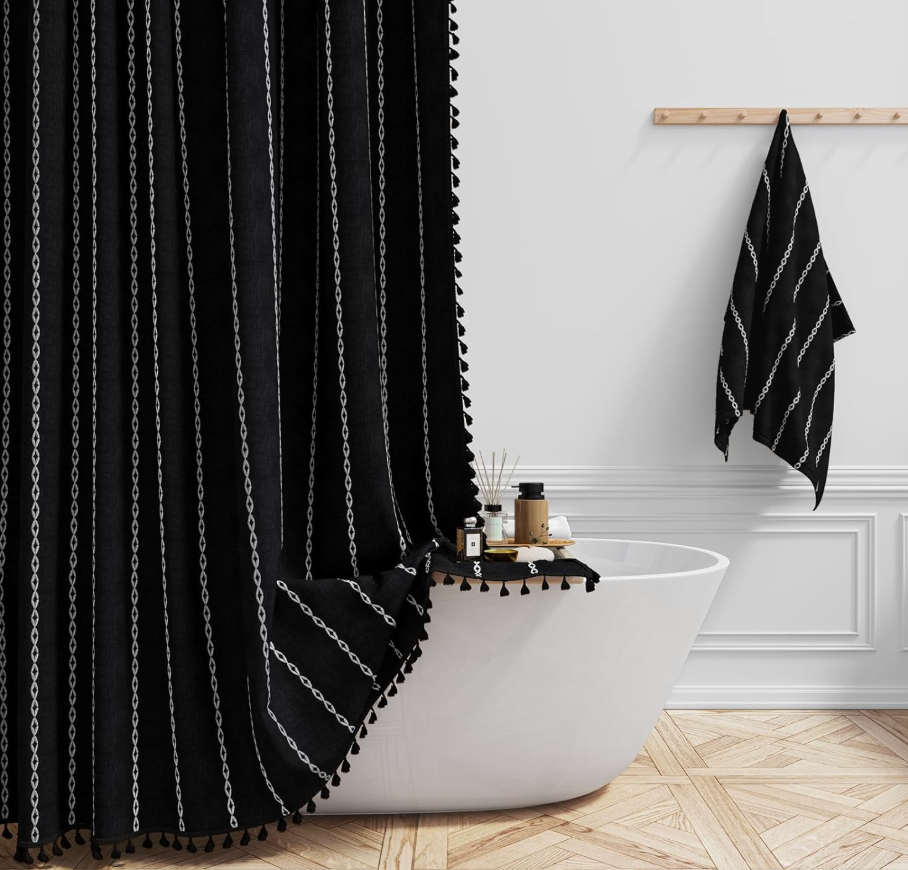 Shower Curtain, Linen Rustic Weighted Striped Fabric Shower Curtain Set with Tassel, Water Repellent, Bohemian Vintage Country Shower Curtains for Bathroom, Black and White, 72x72