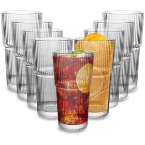 CHPINDAM Drinking Glasses，19oz Ribbed Glassware,9 Pack Old Fashioned Glasses, Thickened glass for iced coffees, smoothies, cocktails and juices, perfect for families and parties (9)