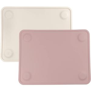 WeeSprout Silicone Suction Placemats for Babies, Toddlers & Kids, Durable Food Grade Silicone with Non-Slip Suction, Raised Edges Contain Mess, Dishwasher Safe, for Dining Table & Restaurants, 2 Pack (Large, Matte Pink, Off-white)