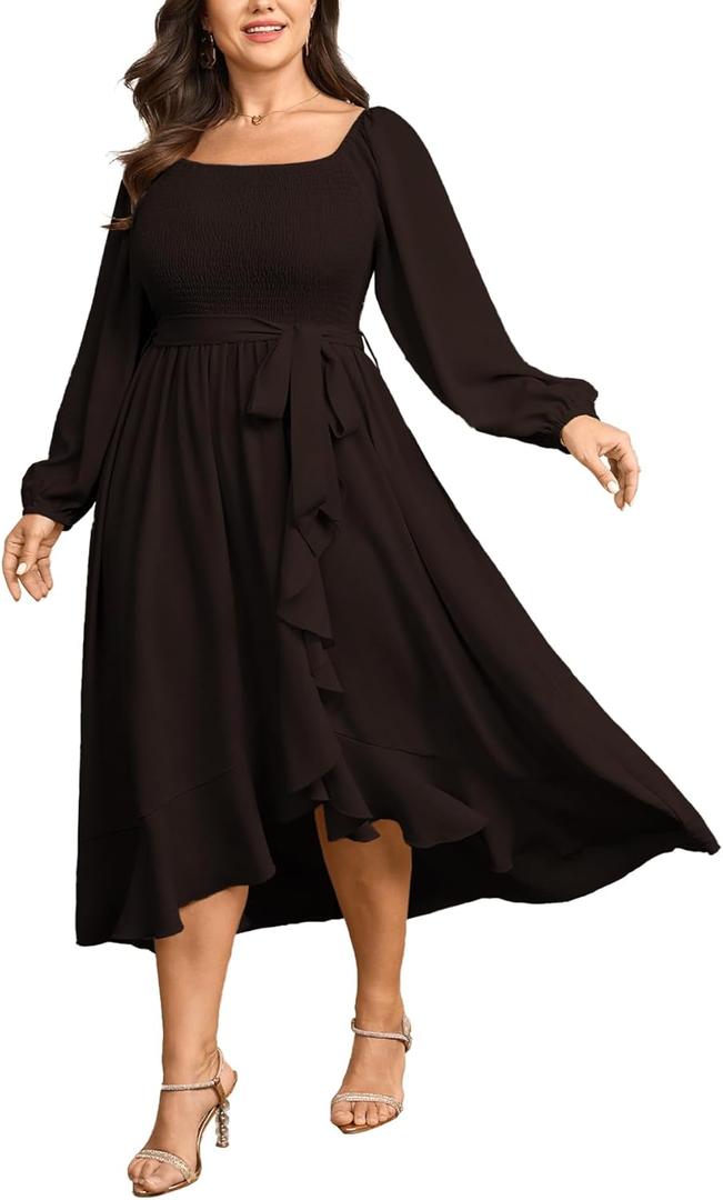 SCOMCHIC Women Plus Size Cocktail Dress Formal Long Sleeve Wedding Guest Smocked High Low Ruffle Dress with Belted (XXXL)