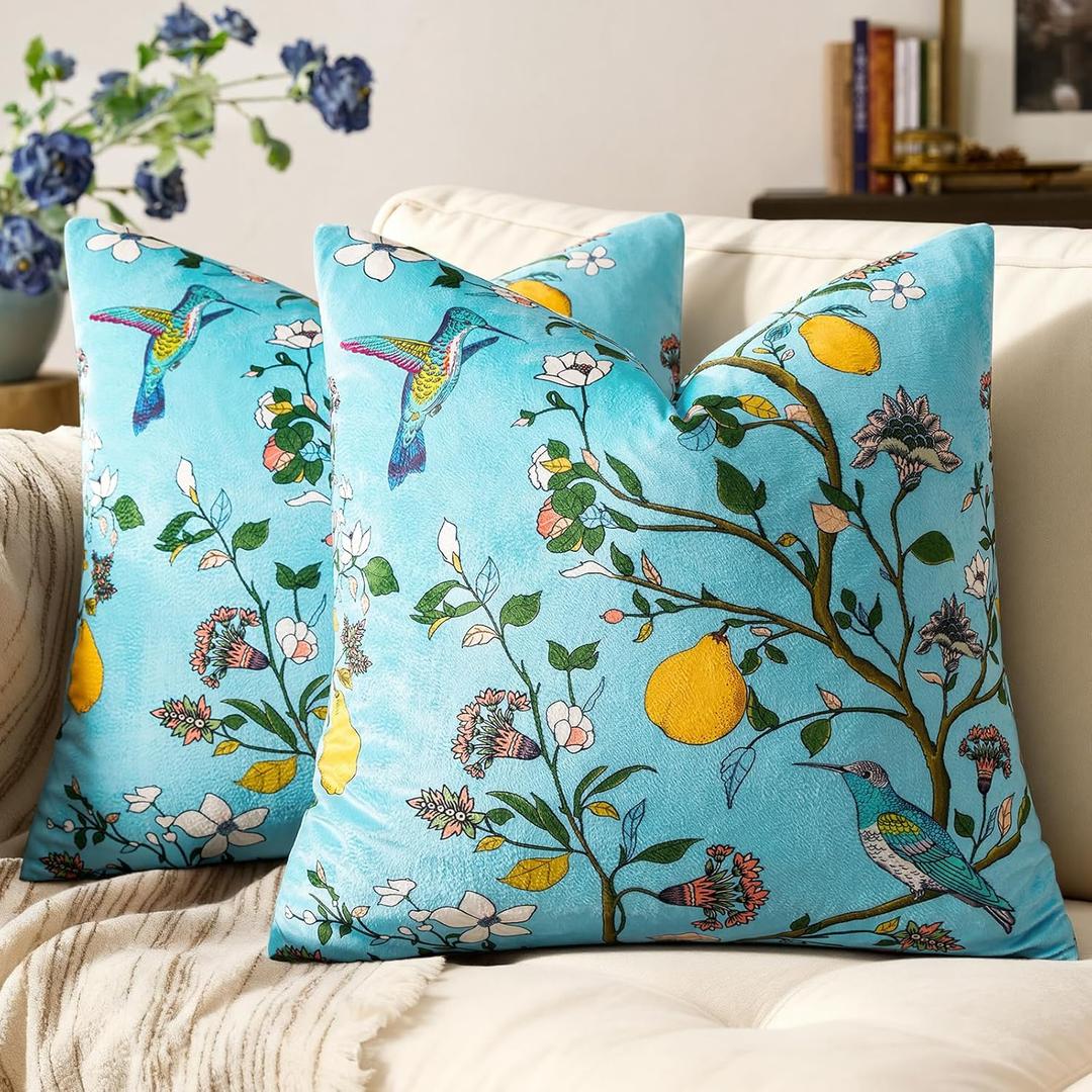 Light Blue Floral Pillow Covers 16x16,Set of 2 Decorative Velvet Botanical Printed Patterned Couch Sofa Throw Pillows Cover,Vintage Square Colorful Boho Farmhouse Flower Cushion Case for Home Bed