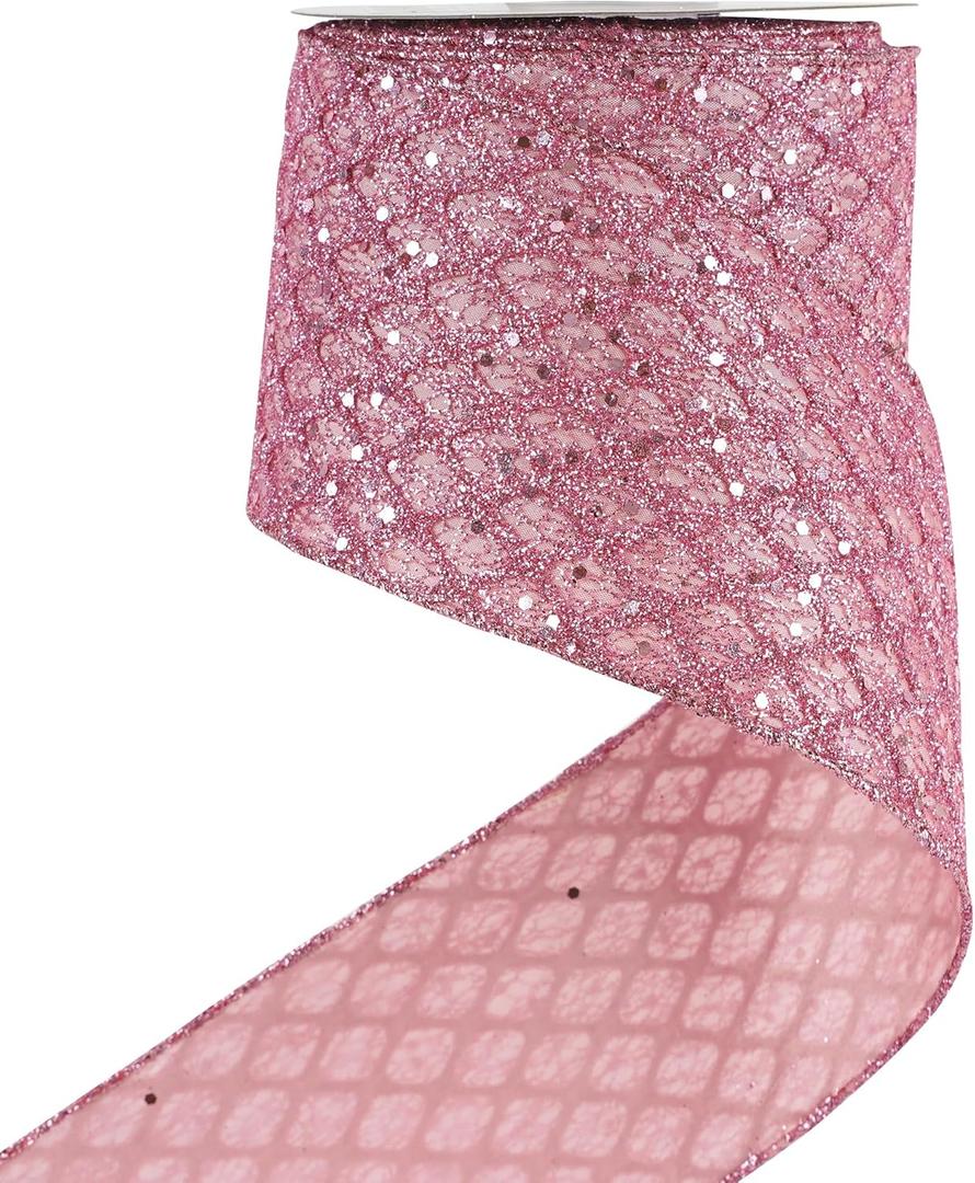 HUIHUANG Pink Wired Christmas Ribbon 4 inch Light Pink Glitter Wired Ribbon Diamond Mesh Wire Ribbon for X-mas Tree Decorations, Wreaths, Garland, Large Bows Making, Home Decor -10 Yards