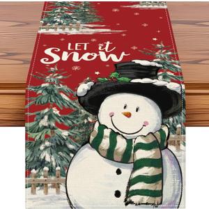 OTOSTAR Snowman Snowflake Christmas Table Runner, Xmas Seasonal Winter Holiday Kitchen Dining Table Decoration for Home Party Decor 13x60 Inch (Red)