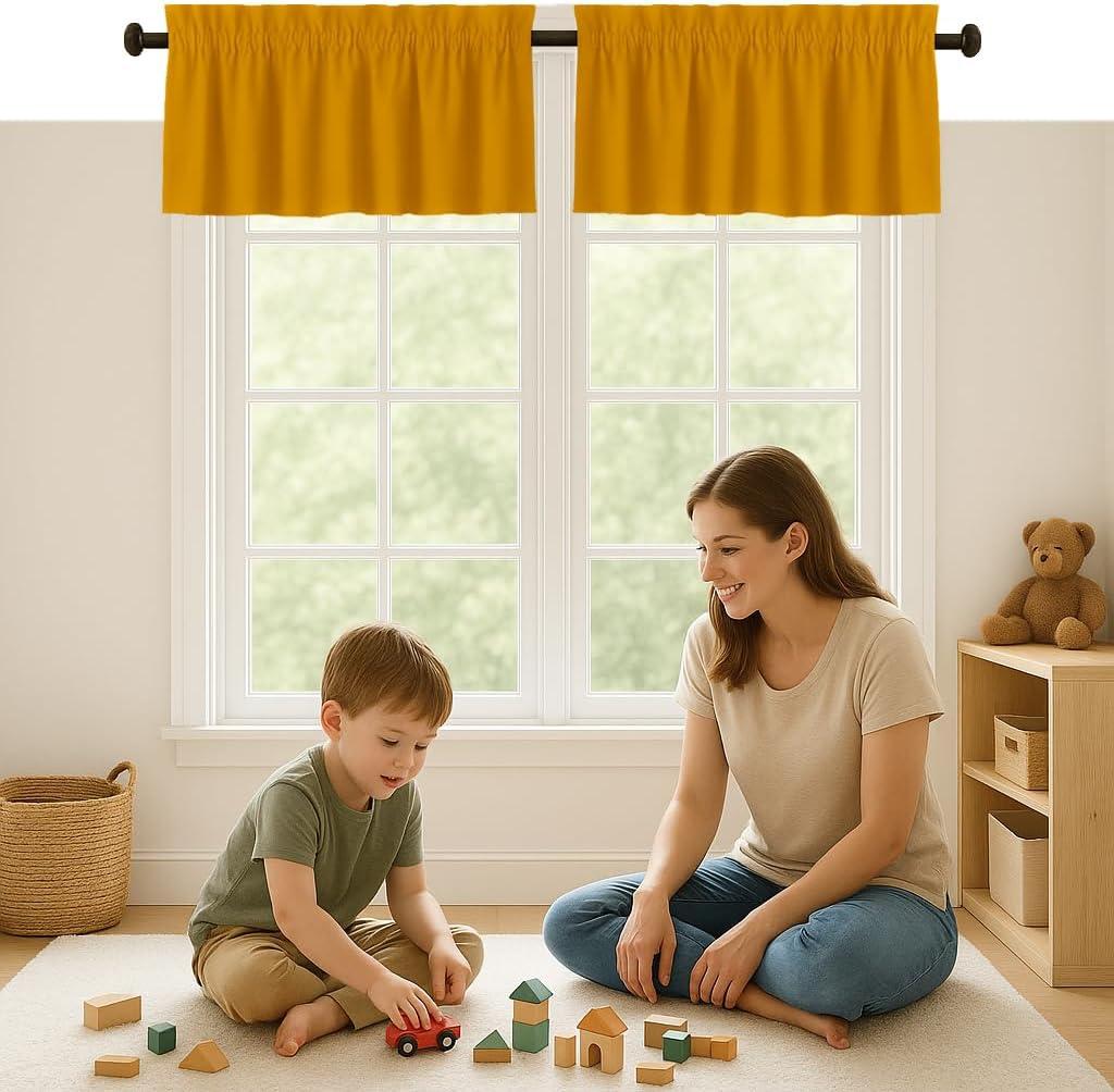 Mustard Valance Curtains 2 Pack, 54x18 Inches, 100% Cotton, Rod Pocket Window Valances, Semi Sheer Short Curtain for Kitchen, Farmhouse, Caf, Bedroom, Bathroom, Living Room Dcor
