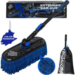 Flash Dog Car Duster Exterior - Wax Treated Cotton & Extendable Aluminum Alloy Handle Scratch Free Cleaning Brush for Cars, Trucks, SUVs, RVs, Motorcycles | Waterless Dust & Pollen Remover (Blue)