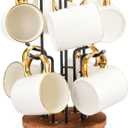 HULISEN 360 Rotating Mug Tree for Large Cups, Counter Coffee Mug Holder with 8 Hooks, Metal Coffee Cup Rack Stand for Countertop with Stable Wooden Base, Kitchen Counter Decor