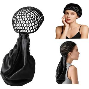 2 in 1 Silk Press Wrap Cap and Hair Scarf, Reversible Satin Wrap Bonnet with Adjustable Tie, Sleeping Hair Cap for Curly Natural Braided Long Hair (Black)