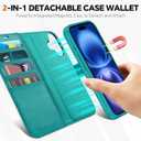 TUCCH Case Wallet for iPhone 16, [Detachable] [2 in 1] Stand RFID Blocking 4 Card Slots Wireless Charging Shockproof Case, PU Leather Magnetic Removable Flip Cover Compatible with iPhone 16, Cyan