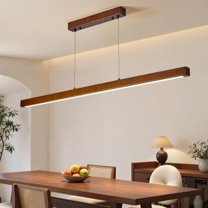 47" Wood Linear Pendant Light,Dimmable Kitchen Island Lighting with Remote,28W LED Island Lights for Kitchen,Linear Chandelier for Dinning Room Light Fixture,Pool Table Light Walnut