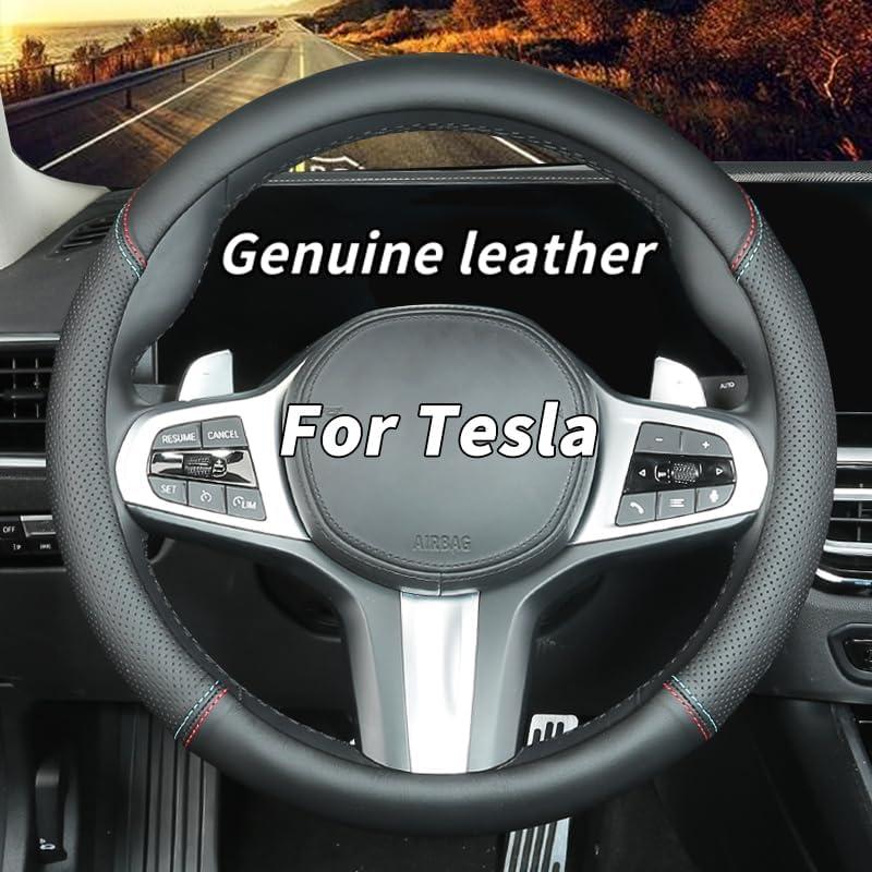 Custom-Fit for Tesla Steering Wheel Cover, Genuine Leather Steering Wheel Cover, Non-Slip, Breathable, for Tesla Accessories (Black (red blue line), for Tesla)