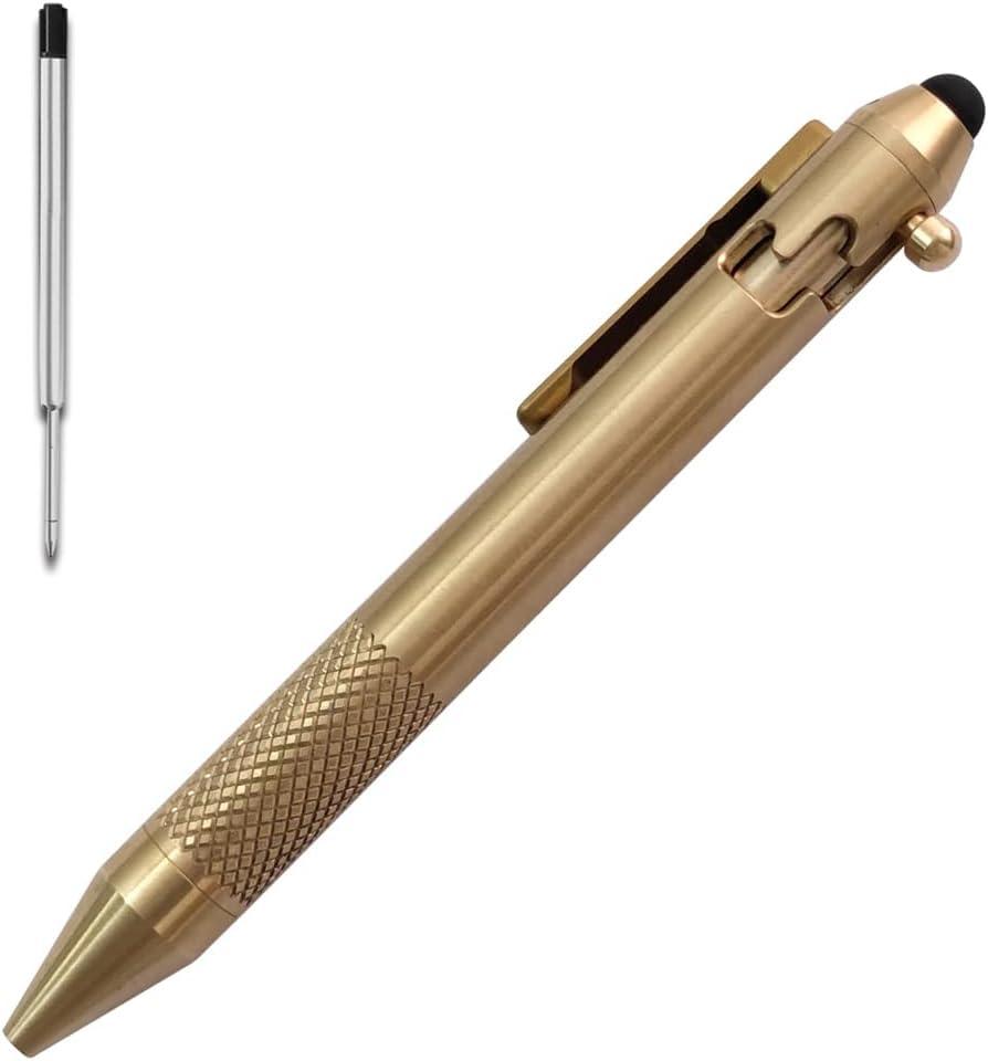 Cool Hand 4.9'' Brass Bolt Action Pen with Retractable Stylus Tip for Any Touch Screen, Ballpoint Ink Refillable, Compact Size, Skelton Out Deep Pocket Clip (Brass)