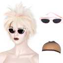 WeKen Womens Short Blonde with Highlight Pink Blue Wig Crazy Spiky Short Blonde Wig for Weird Costumes Halloween Cosplay Movie Party (Wig+Wig Cap+Sunglasses)