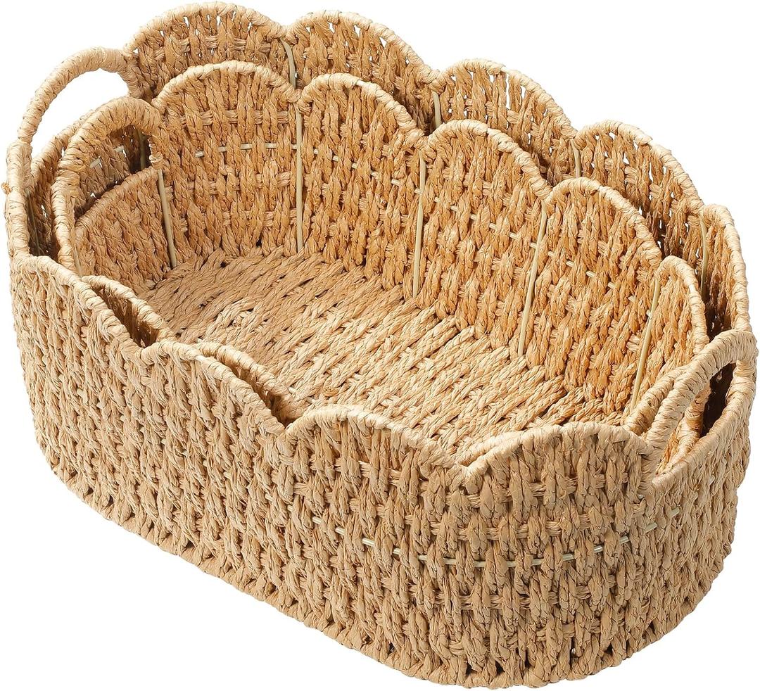 Coeusy Paper Rope Scalloped Basket Set of 2,Woven Storage Baskets for Shelves,Laundry,Towels,Clothes,Books,Toys,Cute Decor Baskets for Organizing,Natural Color
