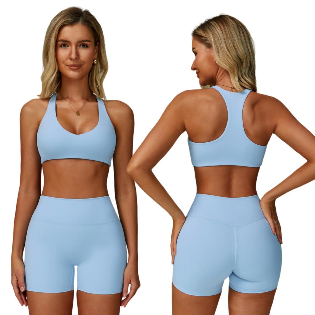 ABOCIW Workout Sets for Women V Neck Racerback Sports Bra High Waist Biker Shorts 2 Piece Gym Yoga Pilates Outfits Sky Blue Small