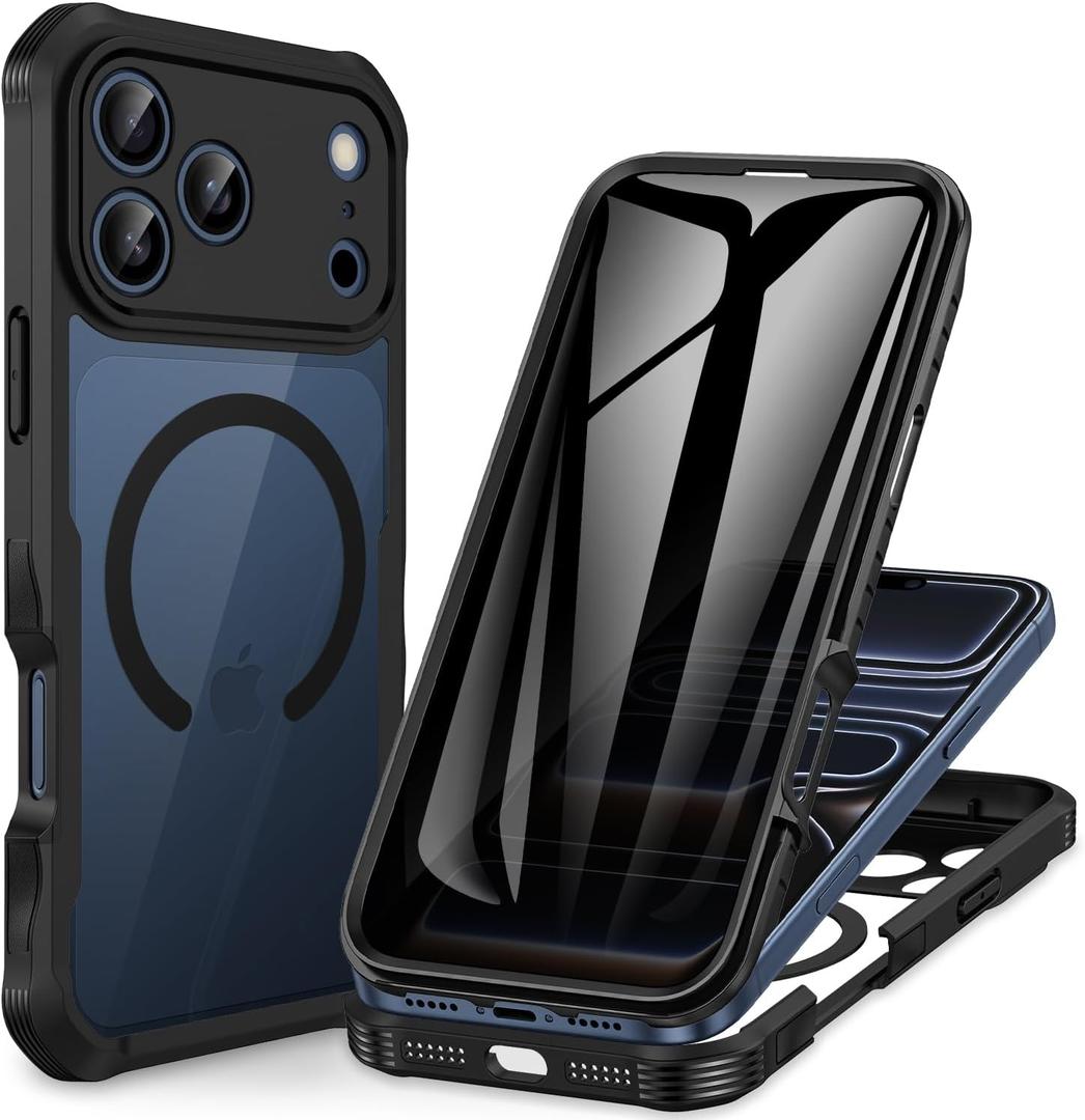 CENHUFO Magnetic Privacy for iPhone 17 Pro Case [Compatible with Magsafe] Full Body Phone Case Built-in 9H Tempered Glass Privacy Screen Protector, Camera Protection Shockproof Bumper Cover -Black