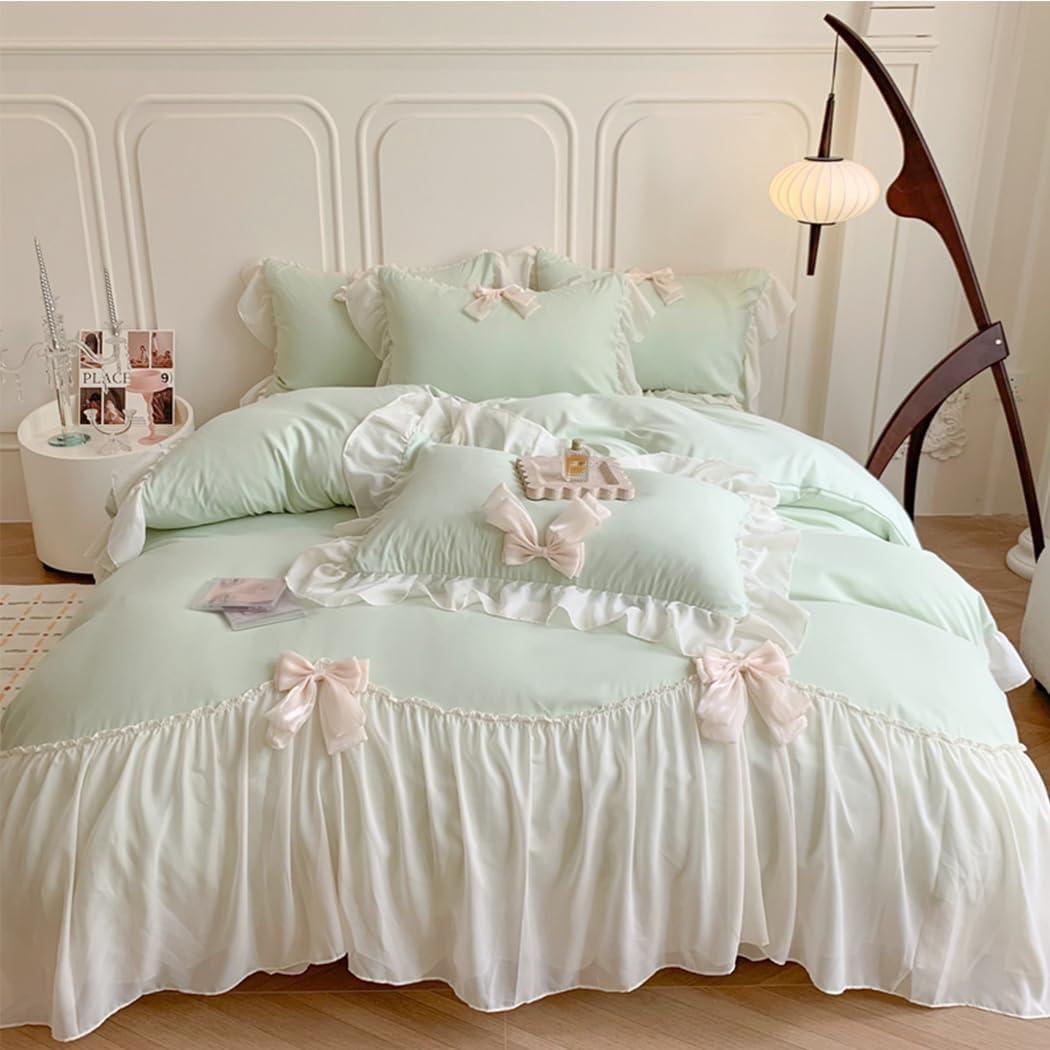 Ruffled Bedding Bow Duvet Cover Set with Butterfly Tie, Soft Brushed Microfiber Shabby Chic Bedding Set with Zipper Closure (Full, Green)