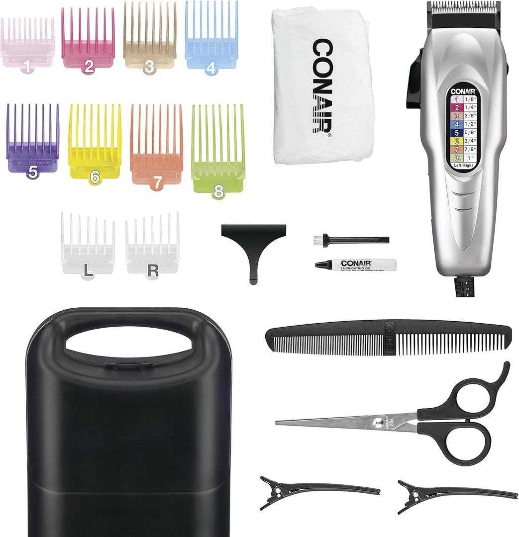 ConairMAN Hair Clippers for Men, 20-Piece Number Cut Home Hair Cutting Kit (Chrome)