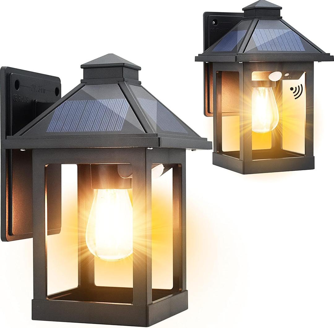 CYHKEE 2 Pack Solar Wall Lanterns Outdoor with 3 Modes, Dusk to Dawn Motion Sensor LED Sconce Lights IP65 Waterproof, Exterior Front Porch Security Lamps Wall Mount Patio Fence Garage Decorative