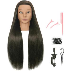 30 inches Long Brown 80% Real Human Hair Mannequin Head with Stand for Braiding Styling Updos Curling Cutting Practice Cosmetology Training Display with Stand
