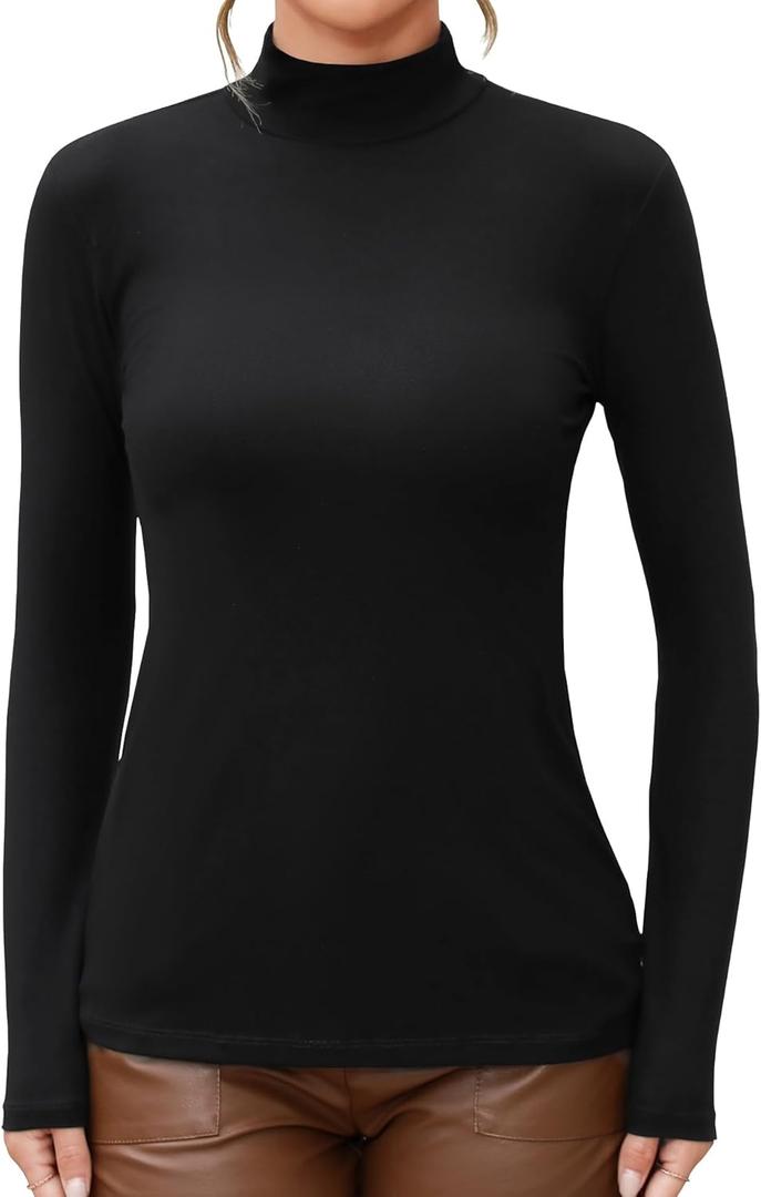 MANGDIUP Women's Mock Turtleneck Long Sleeve Sleeveless Tops Basic Slim T-Shirts Black, Small