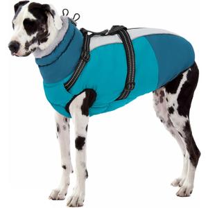 SUNFURA Dog Coat, XXXL Dog Jacket with Harness Built in, Waterproof Pet Winter Coat Snowsuit with Zip, Reflective Fleece Jacket for Extra Large Dogs, Great Dane, Turquoise 3XL