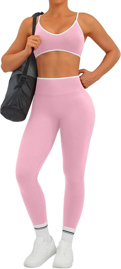TDIFFUN Women Workout Sets 2 Piece Seamless Scrunch Butt Lifting Leggings Padded Sports Bra Matching Set Gym Yoga Outfits (Pink, Medium)