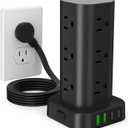 Power Strip Tower with Multiple Outlets, Flat Plug Surge Protector Tower Extension Cord with 12 AC Outlets 4 USB Ports (2 USB C), 6FT Cord Power Tower Surge Protector for Home Office Dorm Room, Black