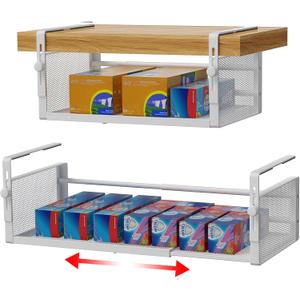 2Pack Under Shelf Basket, Adjustable Hanging Under Cabinet Shelf Storage, Hanging Holder Length Stretchable 14.9-22.6Inch for Kitchen Pantry Desk Counter Bookshelf Cupboard (White)