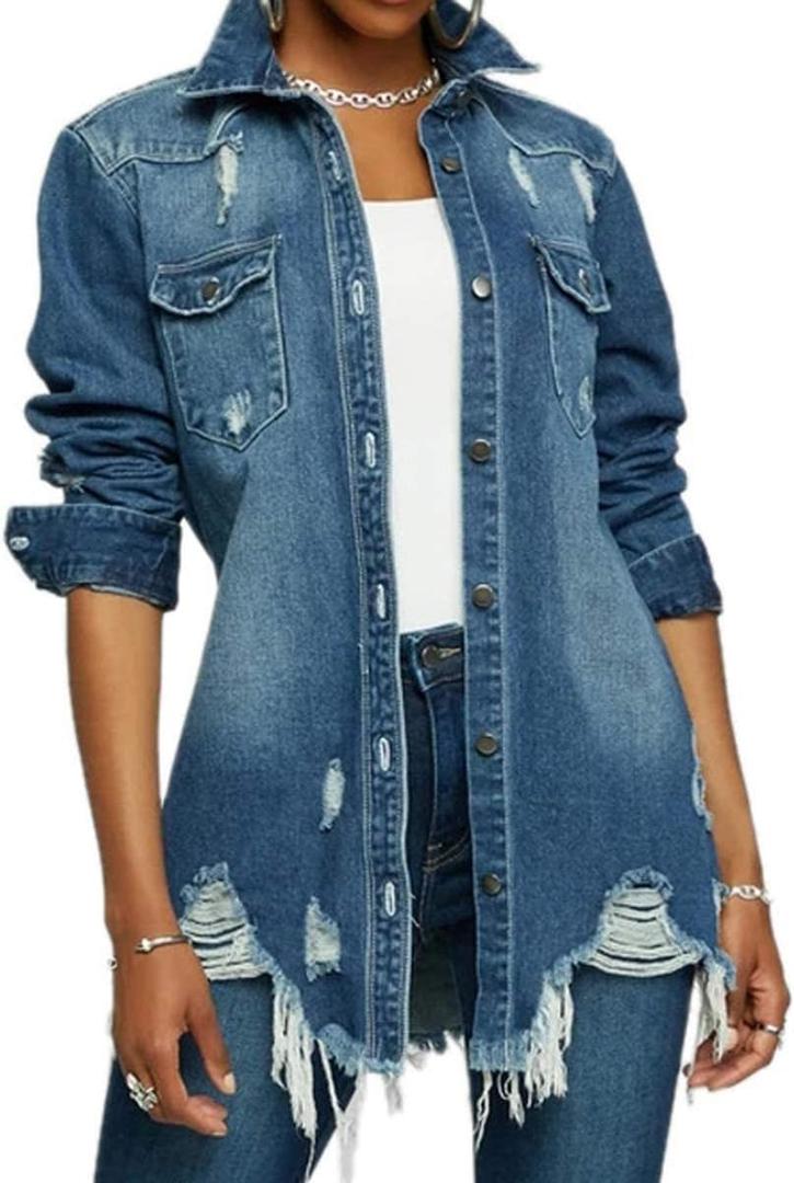DvaeMalligo Women's Jean Jacket Distressed Button Down Long Sleeve Ripped Oversized Denim Trucker Jean Jackets (XX-Large, Xblue 9642)