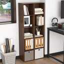5 Cube Storage Organizer, Narrow Open Shelf Bookcase, Freestanding 5 Tier Low Display Bookshelf for Home Office, Living Room, Bedroom, Dark Brown & Black Walnut