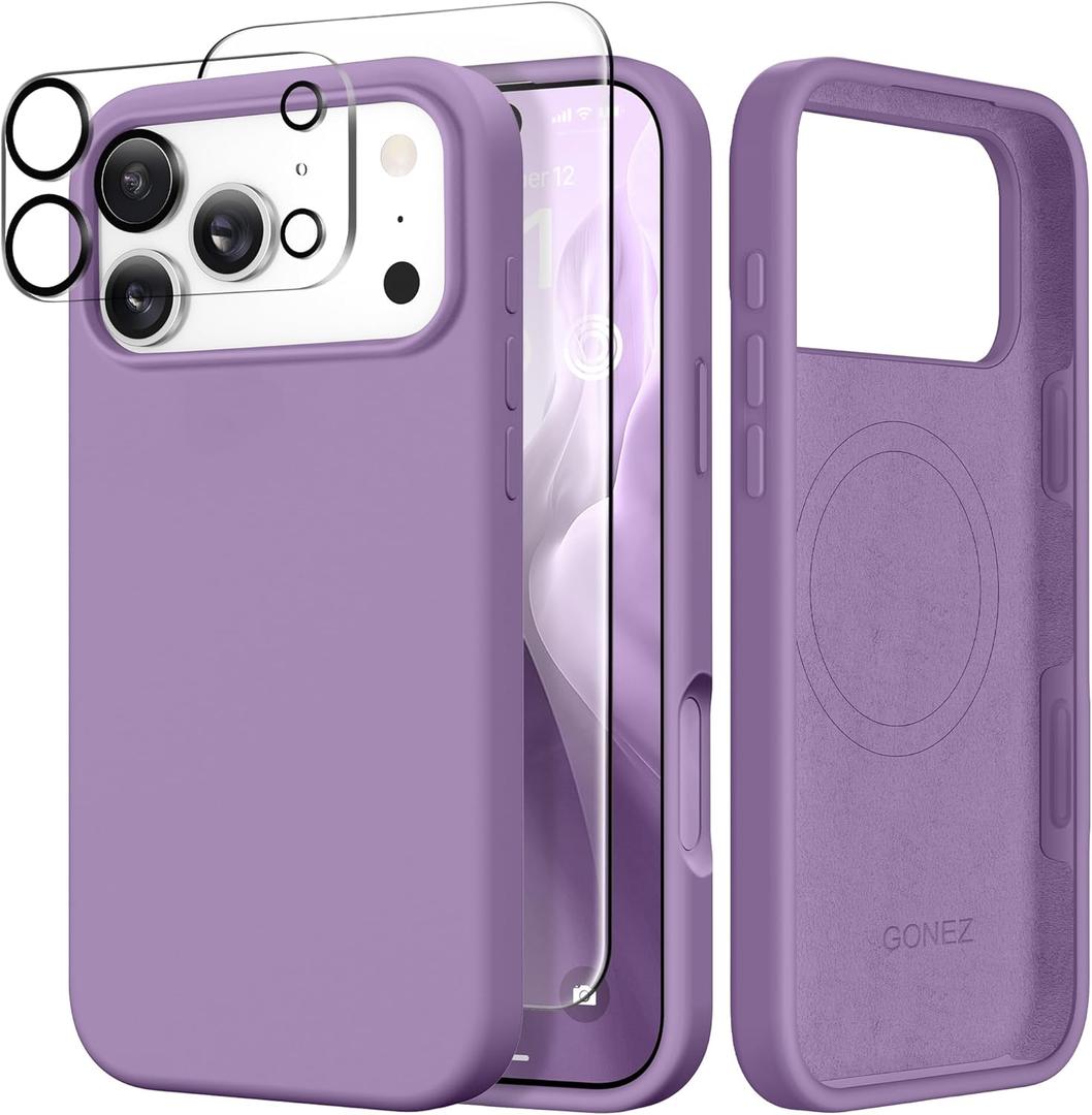 GONEZ Magnetic For iPhone 17 Pro Case, Compatible With MagSafe, [Screen Protector + Camera Lens Protector], Liquid Silicone Anti-Scratch Shockproof Protective Phone Case 6.3 Inch, Light Purple