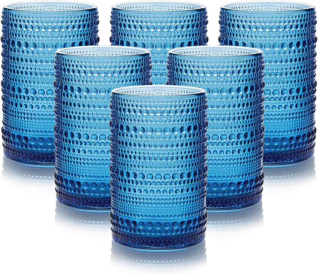 HomeVogue Hobnail Drinking Glasses Set of 6,15 oz Vintage Glassware Set Cocktail Glass Set, Embossed Grey Water Tumbler,for Beer, Whiskey,Juice and Various Mixed Drinks (15OZ Blue): Highball Glasses