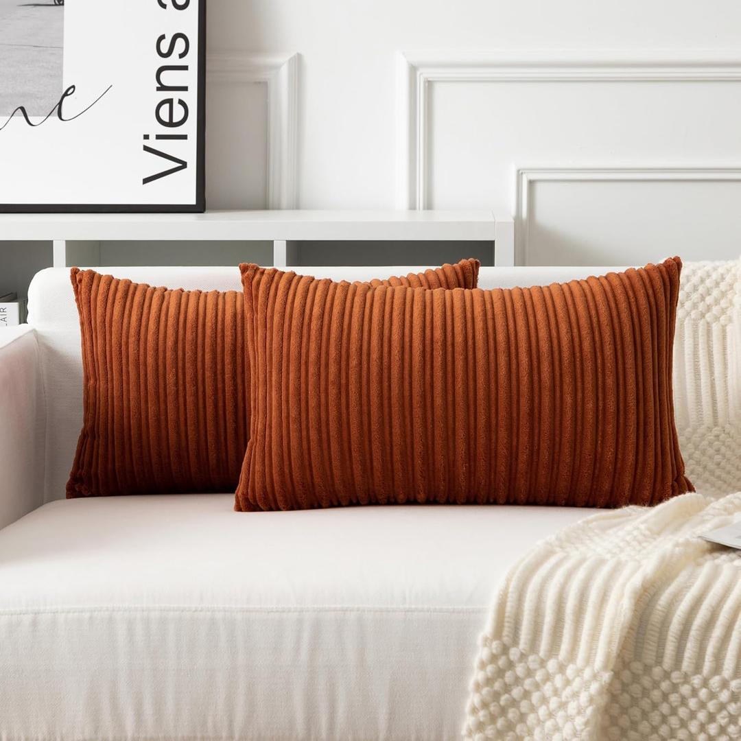 UGASA Fall Velvet 12x20 Inch Lumbar Soft Throw Pillow Covers Decorative Corduroy Striped Both Sides Solid Rectangular Cushion Cases Boho Farmhouse for Couch Bedroom Sofa Home, Pack of 2, Burnt Orange