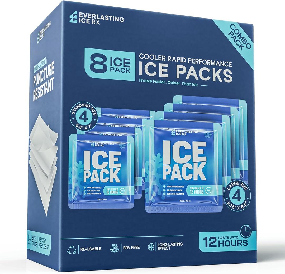 Rapid Performance Reusable Ice Packs for Coolers or Lunch Box | 4 Pack | Cold for Up to 12 Hours | Ice Packs for Cooler, Long Lasting for Camping, Beach