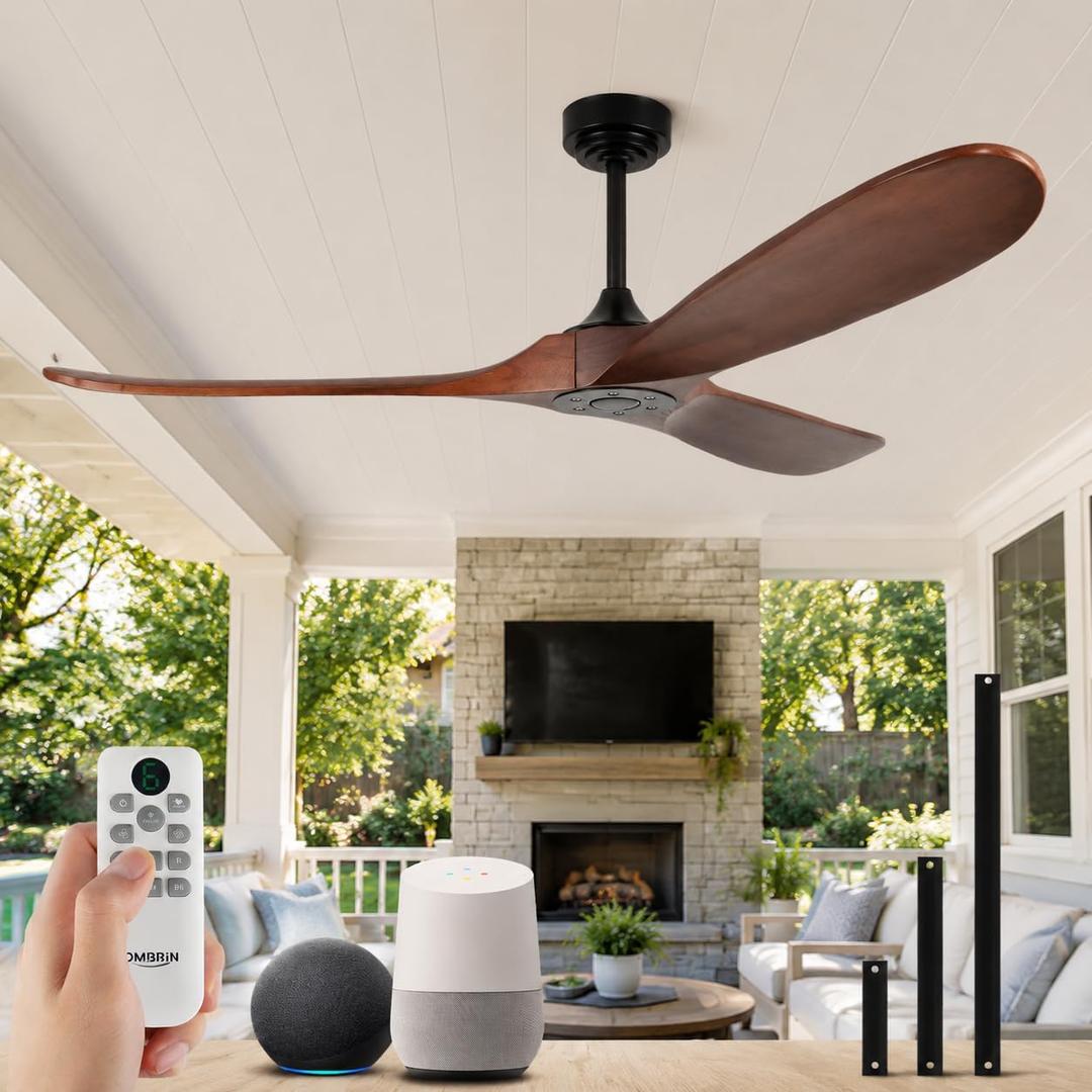 60" Wood Ceiling Fan no Light, Smart Ceiling Fans without Lights with Alexa Google App, Indoor Outdoor Ceiling Fan no Light for Bedroom Porch Modern Propeller 3 Blade High CFM Motor,Red Walnut