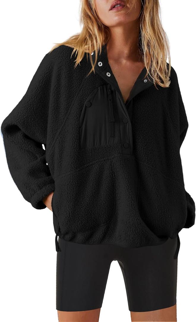 Nirovien Womens Fleece Pullover Long Sleeve Sherpa Jacket Button Down Fuzzy Sweatshirt Warm Outwear with Pockets (Medium)