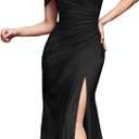 Women's Off Shoulder Mermaid Prom Dresses Satin Formal Evening Party Gowns Ruched Slit Bridesmaid Dresses (10, Black)