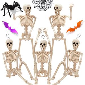 5PCS 16 Inch Height Halloween Decorations Outdoor Indoor Halloween Skeleton Spooky Posable Skeletons Toy Small Skeletons Hanging Decor Movable Joints Decor Graveyard Haunted Party Accessories